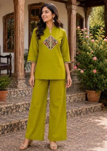 Stylish And Designer Taj Mahel 2 Cotton With Embroidery Work Cord Set Lime Green Color