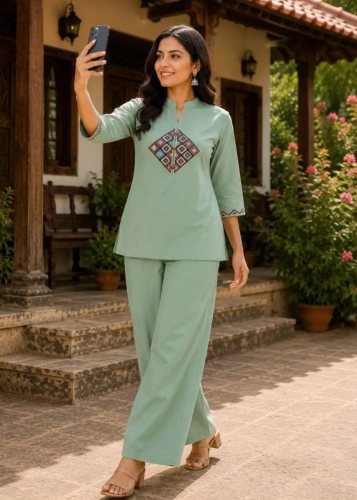 Stylish And Designer Taj Mahel 2 Cotton With Embroidery Work Cord Set  Light Green  Color