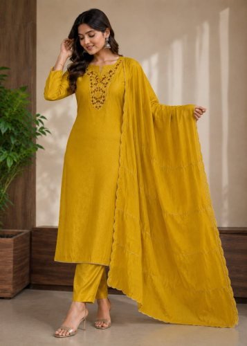 Stylish And Fancy Pure Soft Kanjivaram Silk With  Luxury Heavy Embroidery Designer Kurti Set Mustard Yellow Color