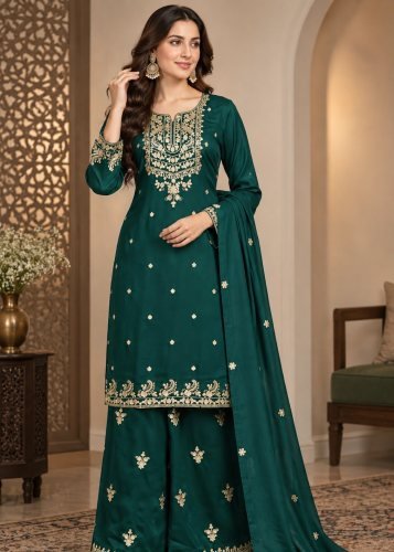 Stylish And Latest  Heavy Blooming Chinon Silk with Embroidered Sequence And Jari Work Salwar Suit Dark Green DN 4901