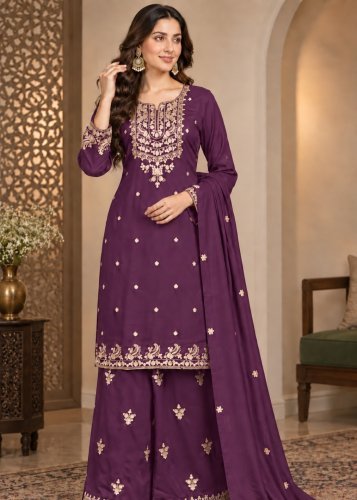Stylish And Latest  Heavy Blooming Chinon Silk with Embroidered Sequence And Jari Work Salwar Suit Purple DN 4901