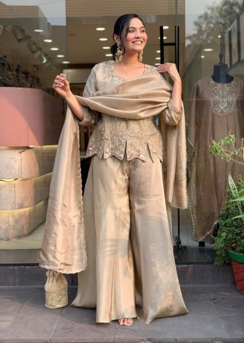 Stylish Collection Top Palazzo Dupatta Set Heavy Simmer Silk With Embroidery Sequence Work Beige Color LFH BK DN 1322