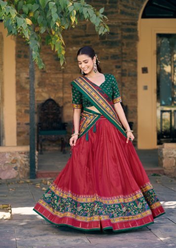Stylish Designer Lehenga Choli Taser Silk Printed With Iconic Sparkle Red And Green Color LFH LNB DN 1255