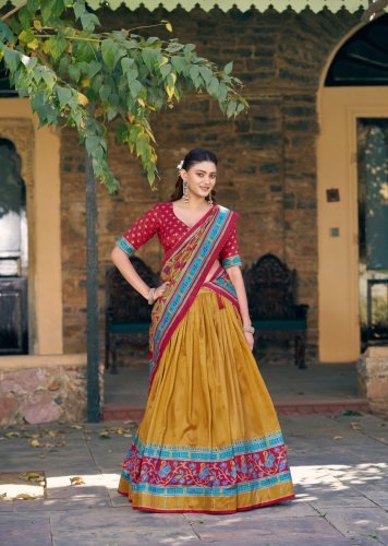 Stylish Designer Lehenga Choli Taser Silk Printed With Iconic Sparkle Mustard Yellow Color LFH LNB DN 1255