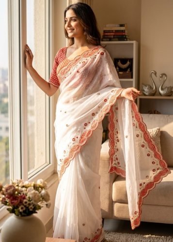 Stylish Designer Nc Moss Chinnon Beautiful Work With Sequins And Thread Embroidery Work Off White Color LFH NC DN 5624