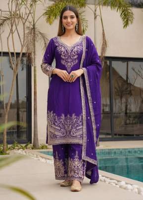 Stylish Designer Palazzo Suit With Embroidery Work And Chinon Silk Kurti Purple Color DN 5155