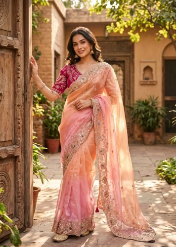 Stylish Designer Saree  Soft  Beautiful Sequins And Zari Embroidery Work  With Hand Mina Work Pink Color DN 5625