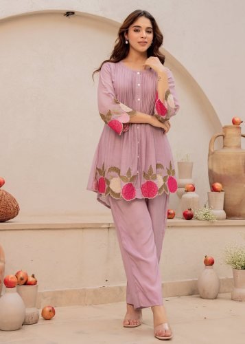 Stylish  Premium Mul Chanderi Cord Set With Embroidery Work With Premium Cut work lavender And pink Color