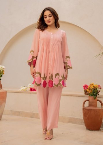 Stylish Premium Mul Chanderi Cord Set With Embroidery Work With Premium Cut work Peach Color