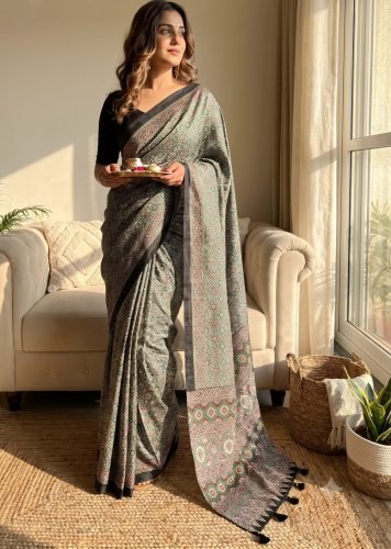 Stylish Saree Soft Satin Crepe Beautiful Ajarakh print with Real mirror work and Latkan Grey Color LFH NC DN 5602