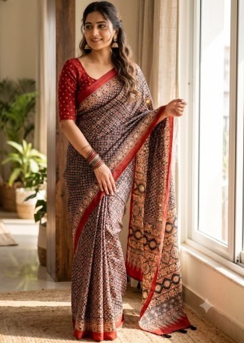 Stylish Saree Soft Satin Crepe Beautiful Ajarakh print with Real mirror work and Latkan Black And Red Color LFH NC DN 5602