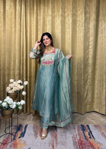  Stylish Trending Salsa Silk Top Pent dupatta Set With Embroidery Beads Work  Sky Blue Color  DN 1281