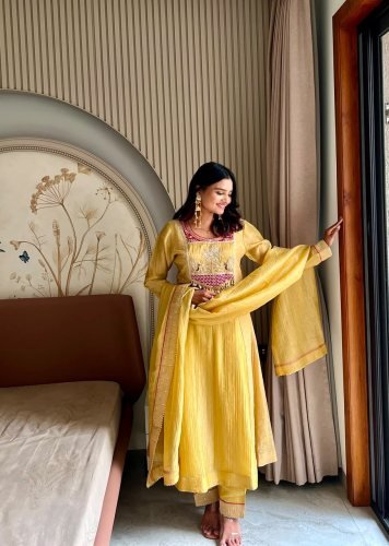  Stylish Trending Salsa Silk Top Pent dupatta Set With Embroidery Beads Work Mustard Yellow Color  DN 1281
