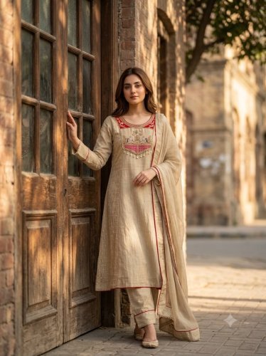  Stylish Trending Salsa Silk Top Pent dupatta Set With Embroidery Beads Work Beige Color DN 1281
