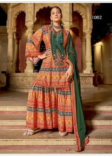 Suhani DN 1002 Pure Crepe Silk Digital Print With Original Mirror Work Radymade Pakistani Suit Orange Color