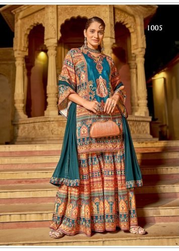 Suhani DN 1005 Pure Crepe Silk Digital Print With Original Mirror Work Radymade Pakistani Suit Teal Blue Color