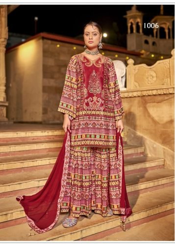 Suhani DN 1006 Pure Crepe Silk Digital Print With Original Mirror Work Radymade Pakistani Suit Maroon Color