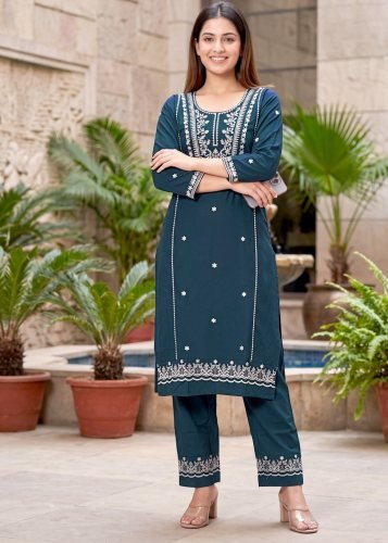 Suhani Fancy  Designer Kurti Pent South Cotton With Embroidery Work Teal Color