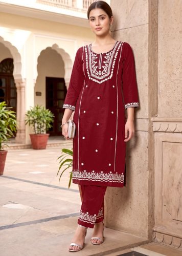 Suhani Fancy  Designer Kurti Pent South Cotton With Embroidery Work Maroon Color
