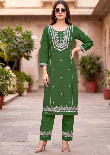 Suhani Fancy  Designer Kurti Pent South Cotton With Embroidery Work Dark Green Color