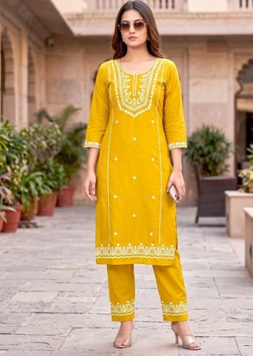 Suhani Fancy  Designer Kurti Pent South Cotton With Embroidery Work Mustard Yellow Color