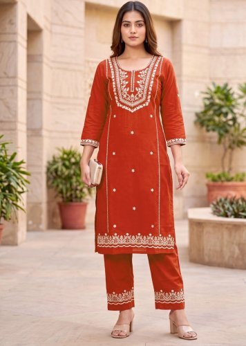 Suhani Fancy  Designer Kurti Pent South Cotton With Embroidery Work Rust Orange Color