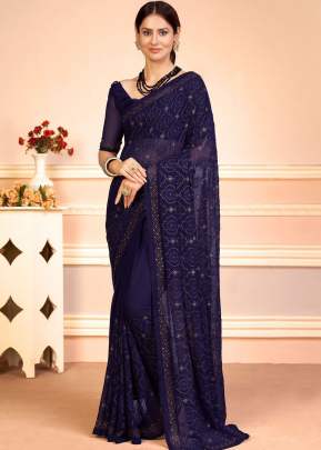 Suhani Fancy Georgette Sequence And Embroidery Work Designer Saree Nevy Blue Color
