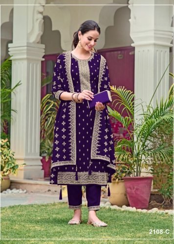 Suit DN 2108 Blooming Faux Georgette With Heavy Embroidery Work Designer Suit Dark Purple Color