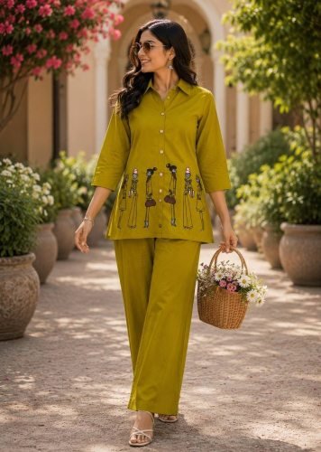 Taj Mahel Dhabu Cotton With Embroidery Work Cord Set Olive Color