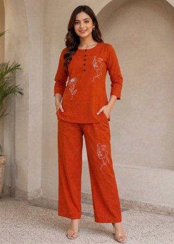 The Sunset Fozy Rayon Slub With Embroidery Work Cord Set  Rust Orange Color