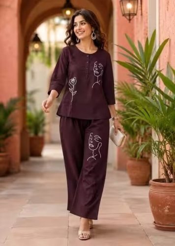 The Sunset Fozy Rayon Slub With Embroidery Work Cord Set  Wine Color