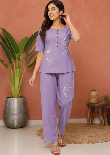 The Sunset Fozy Rayon Slub With Embroidery Work Cord Set  Lavender Color