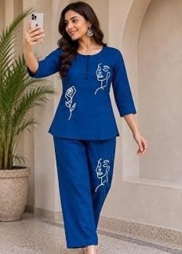 The Sunset Fozy Rayon Slub With Embroidery Work Cord Set  Dark Blue Color