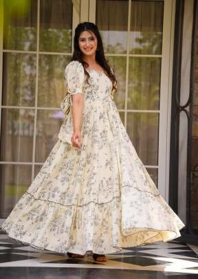 Fancy Poly Rayon With Printed Anarkali Gown White Color DN 201
