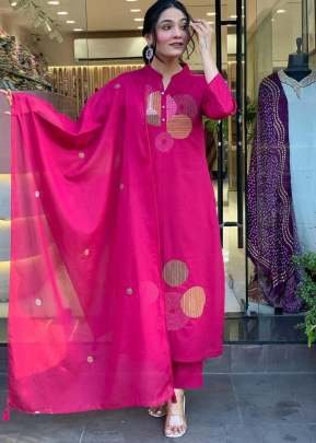 This stylish Mal Cotton And Pleated With Embroidery Designs In Front Work 3 piece Kurtis Set Pink Color