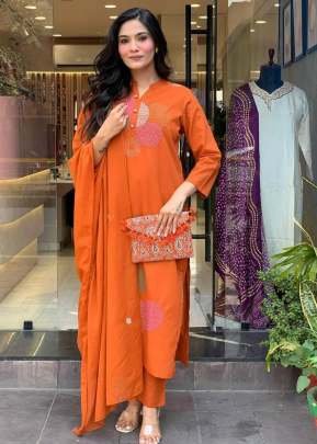 This stylish Mal Cotton And Pleated With Embroidery Designs In Front Work 3 piece Kurtis Set Orange Color