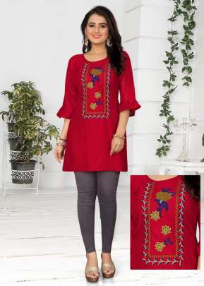 Tops Vol 2 14 Kg Rayon With Embroidered Tops Red Color