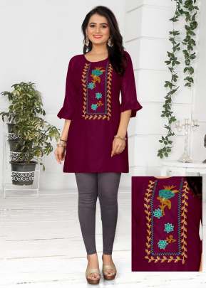 Tops Vol 2 14 Kg Rayon With Embroidered Tops Maroon Color