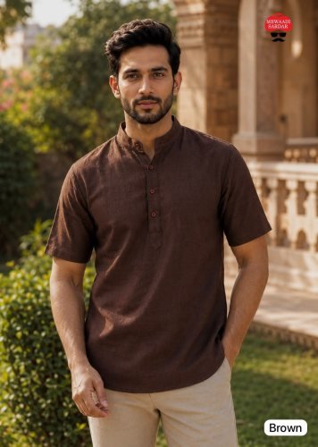 Tradition Mens Short Kurta  Premium Khadi Linen With Stylish Wooden Buttons for Casual And Festive Wear Brown Color