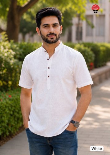 Tradition Mens Short Kurta  Premium Khadi Linen With Stylish Wooden Buttons for Casual And Festive Wear White Color