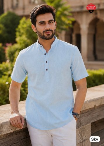 Tradition Mens Short Kurta  Premium Khadi Linen With Stylish Wooden Buttons for Casual And Festive Wear Sky Color