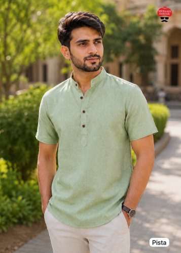 Tradition Mens Short Kurta  Premium Khadi Linen With Stylish Wooden Buttons for Casual And Festive Wear Pista Color