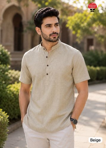 Tradition Mens Short Kurta  Premium Khadi Linen With Stylish Wooden Buttons for Casual And Festive Wear Beige Color