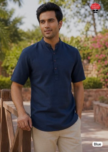 Tradition Mens Short Kurta  Premium Khadi Linen With Stylish Wooden Buttons for Casual And Festive Wear BlueColor