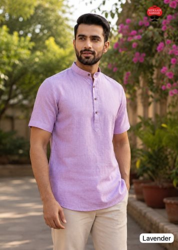 Tradition Mens Short Kurta  Premium Khadi Linen With Stylish Wooden Buttons for Casual And Festive Wear Lavender Color