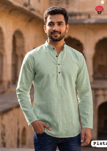  Tradition Premium Khadi Linen with Stylish Wooden Buttons for Casual Ans Festive Wear Mens Short Kurta Pista Color