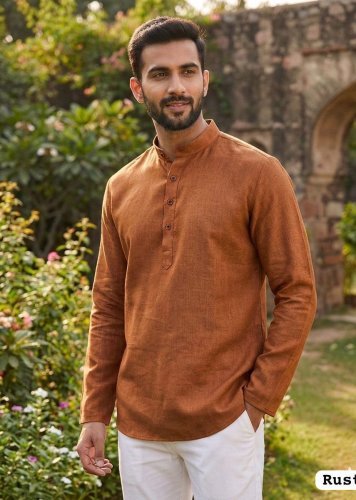  Tradition Premium Khadi Linen with Stylish Wooden Buttons for Casual Ans Festive Wear Mens Short Kurta Rust Color