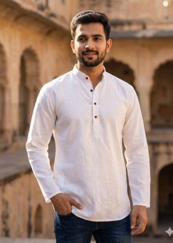  Tradition Premium Khadi Linen with Stylish Wooden Buttons for Casual Ans Festive Wear Mens Short Kurta White  Color
