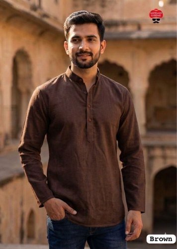  Tradition Premium Khadi Linen with Stylish Wooden Buttons for Casual Ans Festive Wear Mens Short Kurta Brown Color
