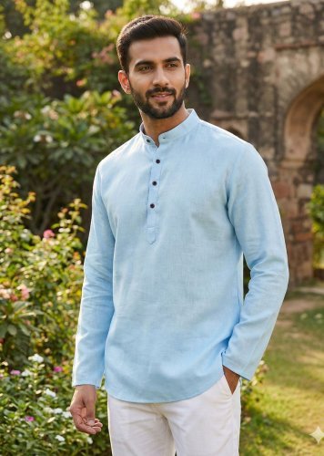  Tradition Premium Khadi Linen with Stylish Wooden Buttons for Casual Ans Festive Wear Mens Short Kurta Light BlueColor